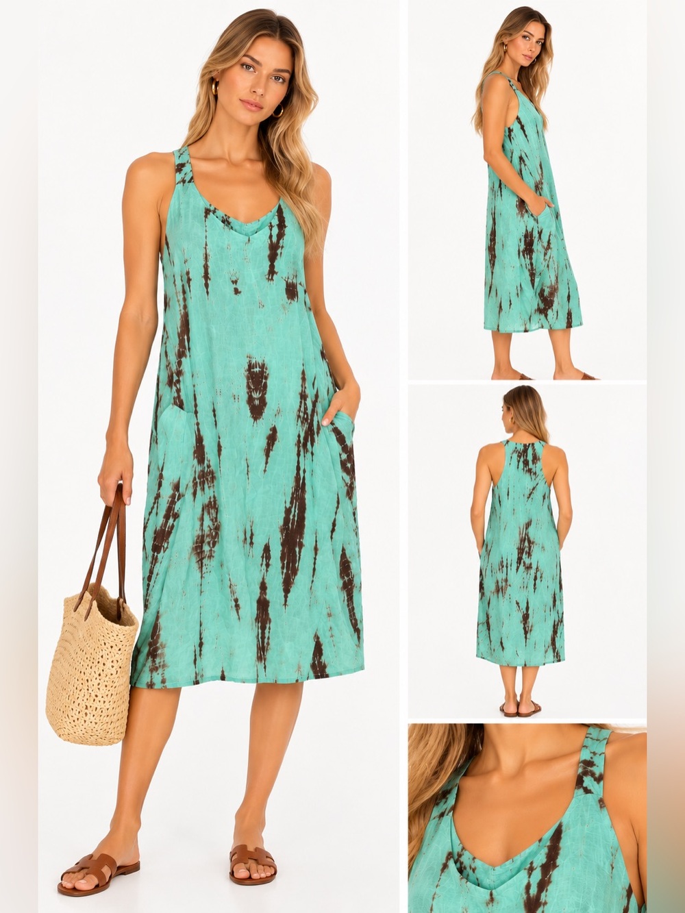 Linen Tie-Dye Midi Dress Aqua Brown Boho Racerback Sleeveless Pocket Dress